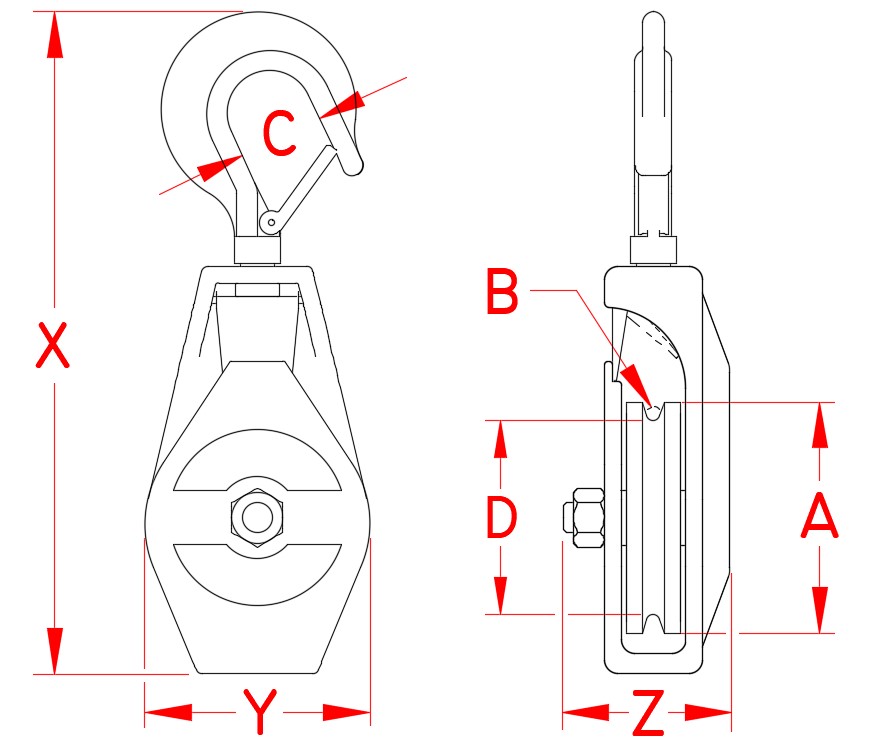 Stainless Steel Seine Block with Hook, S0427-H075-W, S0427-H100-W